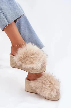 Damskie Boto Klapki Damskie Na Koturnie Z Futerkiem I Plecionką Beżowe Virela