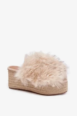 Damskie Boto Klapki Damskie Na Koturnie Z Futerkiem I Plecionką Beżowe Virela