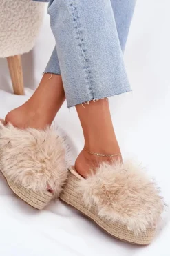 Damskie Boto Klapki Damskie Na Koturnie Z Futerkiem I Plecionką Beżowe Virela