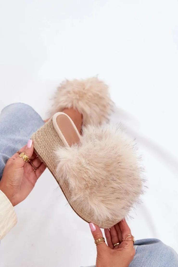 Damskie Boto Klapki Damskie Na Koturnie Z Futerkiem I Plecionką Beżowe Virela