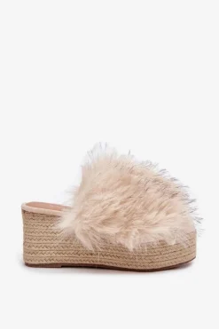 Damskie Boto Klapki Damskie Na Koturnie Z Futerkiem I Plecionką Beżowe Virela