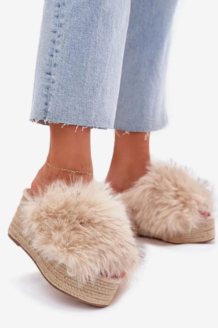 Damskie Boto Klapki Damskie Na Koturnie Z Futerkiem I Plecionką Beżowe Virela