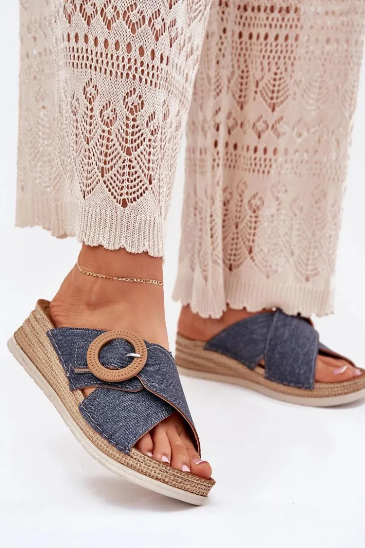 Damskie INBLU Klapki Damskie Na Koturnie Z Ozdobną Klamrą RV000012 e