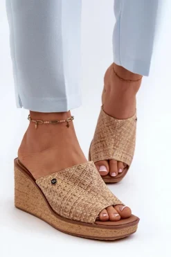 Damskie Buty Sergio Leone Klapki Damskie Na Koturnie Sergio Leone KL213 Beżowe