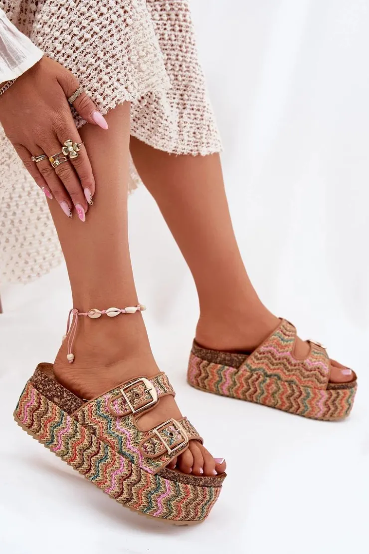 New Boto Klapki Damskie Na Masywnej Platformie Z Plecionką I Klamrami Multikolor Eradriana Wielokolorowy