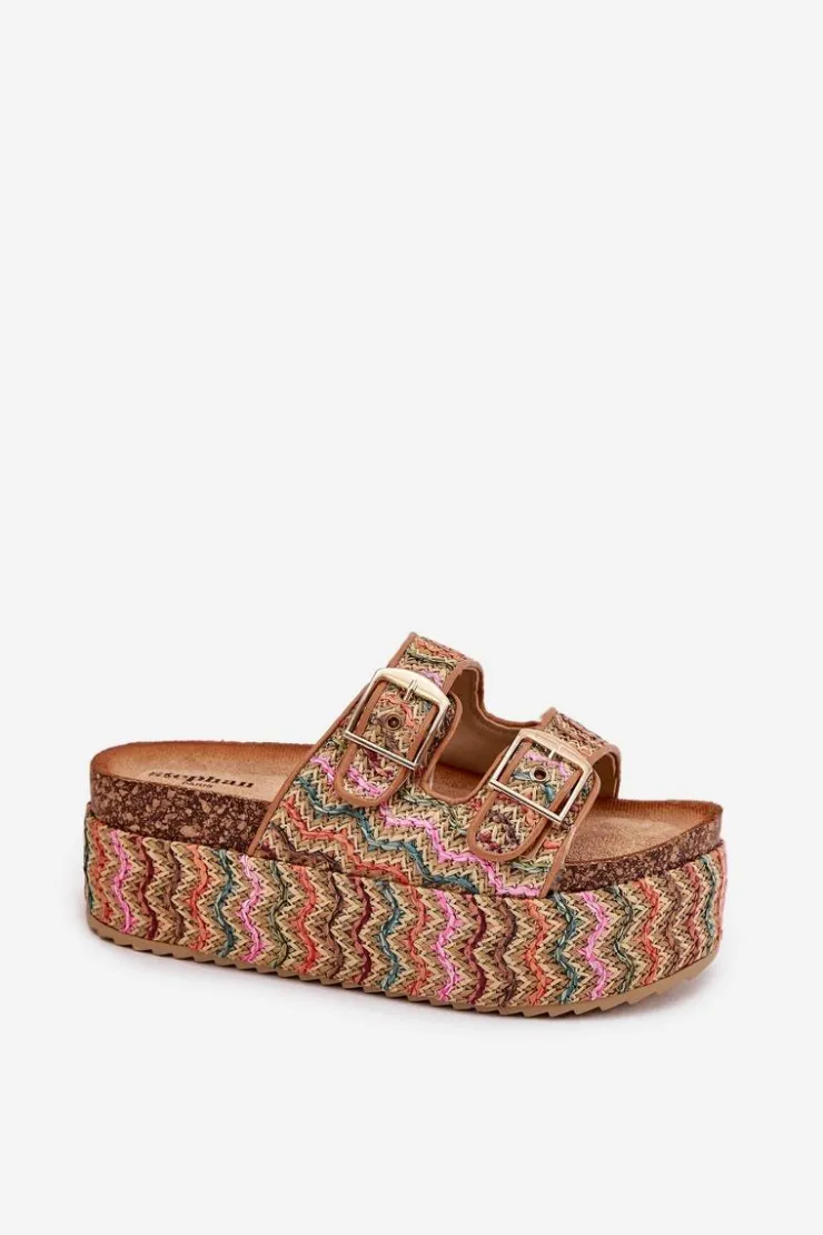 New Boto Klapki Damskie Na Masywnej Platformie Z Plecionką I Klamrami Multikolor Eradriana Wielokolorowy