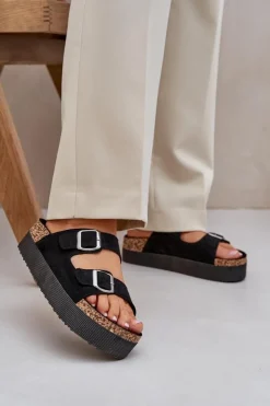 Boto Klapki Korkowe|Klapki Na Platformie*Klapki Damskie Na Masywnej Platformie Z Klamrami Czarne Aramia Czarny