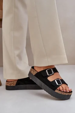 Boto Klapki Korkowe|Klapki Na Platformie*Klapki Damskie Na Masywnej Platformie Z Klamrami Czarne Aramia Czarny