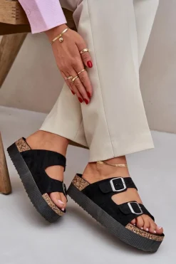 Boto Klapki Korkowe|Klapki Na Platformie*Klapki Damskie Na Masywnej Platformie Z Klamrami Czarne Aramia Czarny