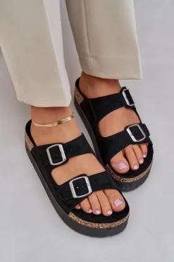 Boto Klapki Korkowe|Klapki Na Platformie*Klapki Damskie Na Masywnej Platformie Z Klamrami Czarne Aramia Czarny