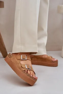 Discount Boto Klapki Damskie Na Masywnej Platformie Z Klamrami Camel Aramia Brązowy