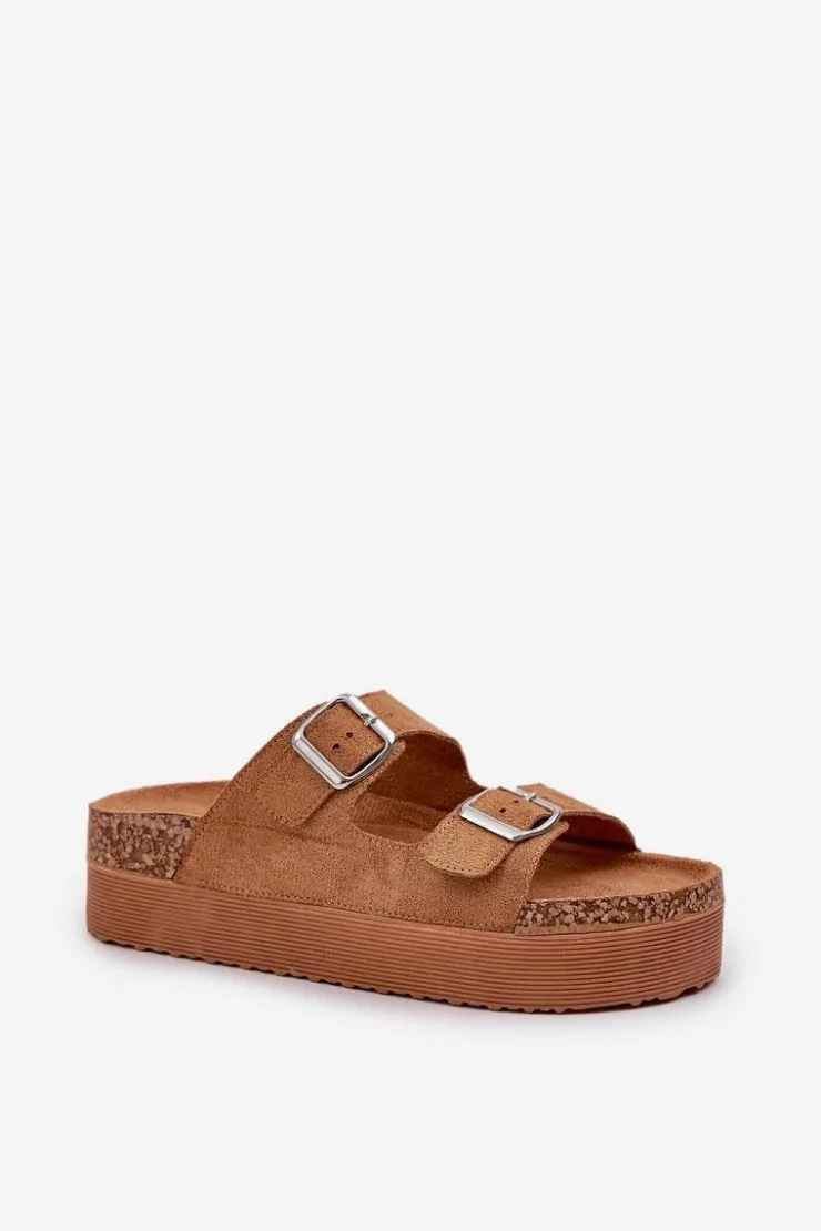 Discount Boto Klapki Damskie Na Masywnej Platformie Z Klamrami Camel Aramia Brązowy