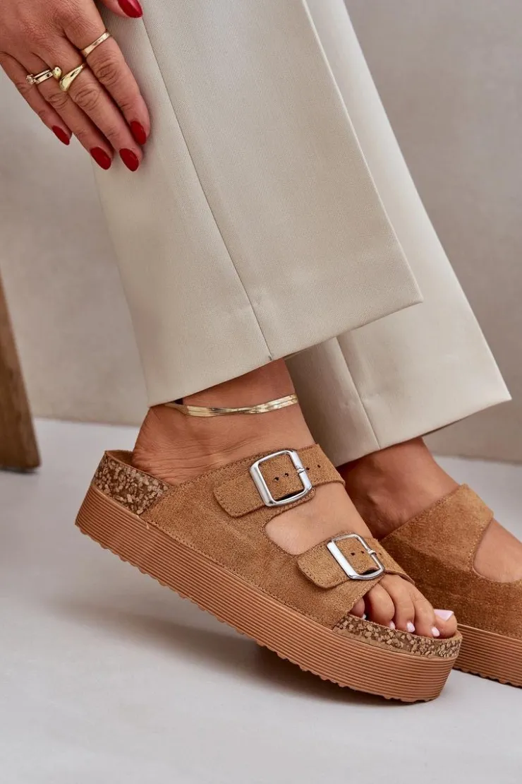 Discount Boto Klapki Damskie Na Masywnej Platformie Z Klamrami Camel Aramia Brązowy