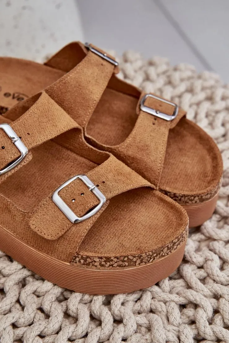 Discount Boto Klapki Damskie Na Masywnej Platformie Z Klamrami Camel Aramia Brązowy
