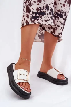 Damskie Boto Klapki Damskie Na Masywnej Platformie Z Ozdobną Klamrą Białe Zelori