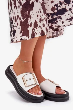 Damskie Boto Klapki Damskie Na Masywnej Platformie Z Ozdobną Klamrą Białe Zelori