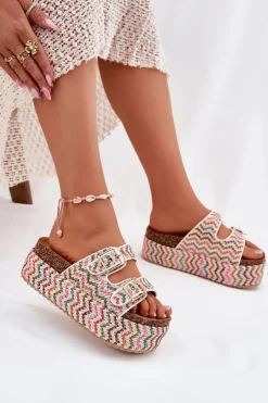 Damskie Boto Klapki Damskie Na Masywnej Platformie Z Plecionką I Klamrami Multikolor Eradriana