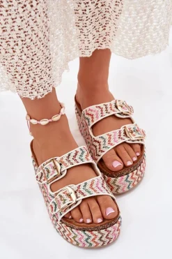Damskie Boto Klapki Damskie Na Masywnej Platformie Z Plecionką I Klamrami Multikolor Eradriana
