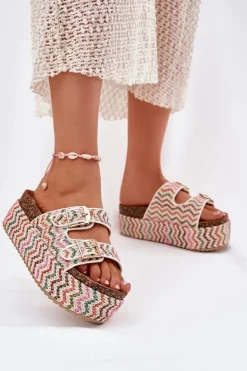 Damskie Boto Klapki Damskie Na Masywnej Platformie Z Plecionką I Klamrami Multikolor Eradriana