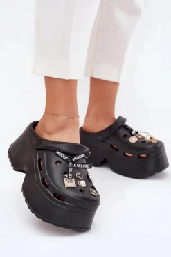 Online Boto Klapki Damskie Na Masywnej Platformie Z Przypinkami Czarne Vivira
