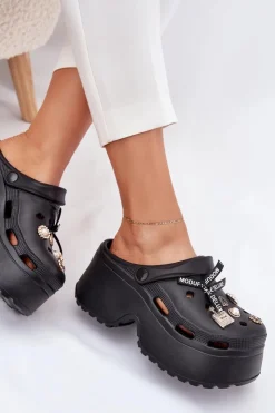 Online Boto Klapki Damskie Na Masywnej Platformie Z Przypinkami Czarne Vivira