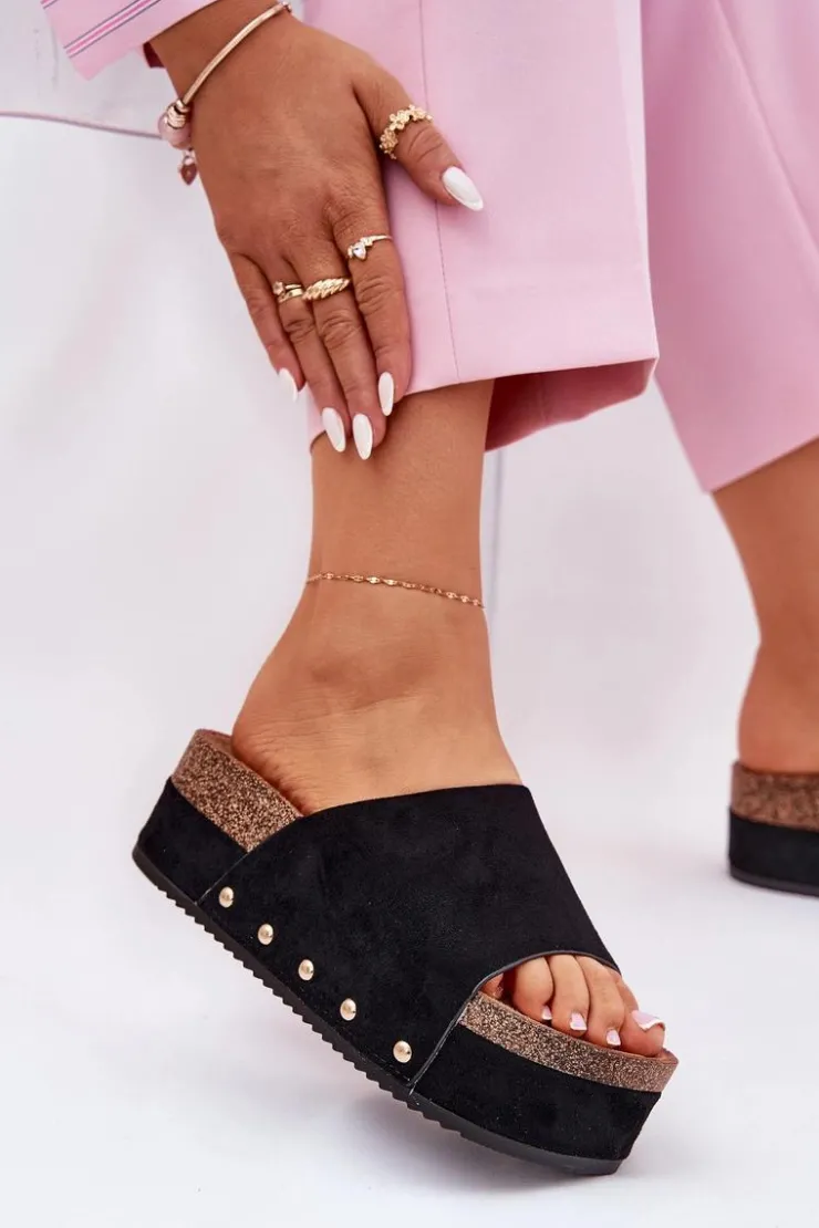 Boto Klapki Damskie Na Masywnej Platformie Eko Zamszowe Czarne Vinnibe