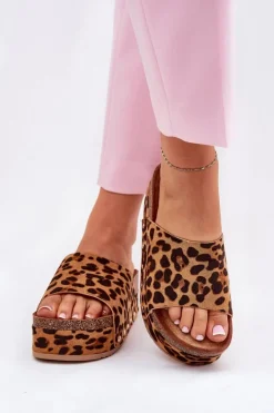 Boto Klapki Korkowe|Klapki Na Platformie*Klapki Damskie Na Masywnej Platformie Eko Zamszowe Panterka Brązowe Vinnibe