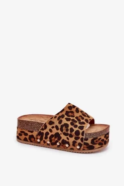 Boto Klapki Korkowe|Klapki Na Platformie*Klapki Damskie Na Masywnej Platformie Eko Zamszowe Panterka Brązowe Vinnibe