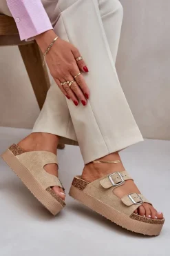 Damskie Boto Klapki Damskie Na Masywnej Platformie Z Klamrami Beżowe Aramia