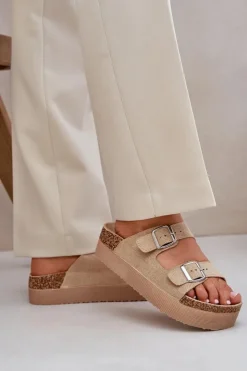 Damskie Boto Klapki Damskie Na Masywnej Platformie Z Klamrami Beżowe Aramia