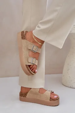 Damskie Boto Klapki Damskie Na Masywnej Platformie Z Klamrami Beżowe Aramia