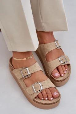 Damskie Boto Klapki Damskie Na Masywnej Platformie Z Klamrami Beżowe Aramia