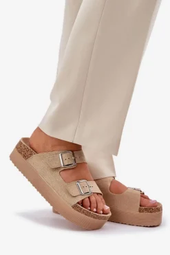 Damskie Boto Klapki Damskie Na Masywnej Platformie Z Klamrami Beżowe Aramia