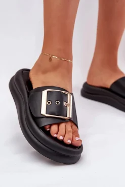 Hot Boto Klapki Damskie Na Masywnej Platformie Z Ozdobną Klamrą Czarne Zelori