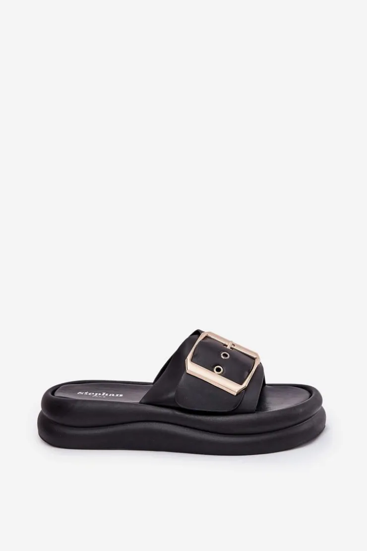 Hot Boto Klapki Damskie Na Masywnej Platformie Z Ozdobną Klamrą Czarne Zelori