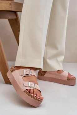 Damskie Boto Klapki Damskie Na Masywnej Platformie Z Klamrami Różowe Aramia