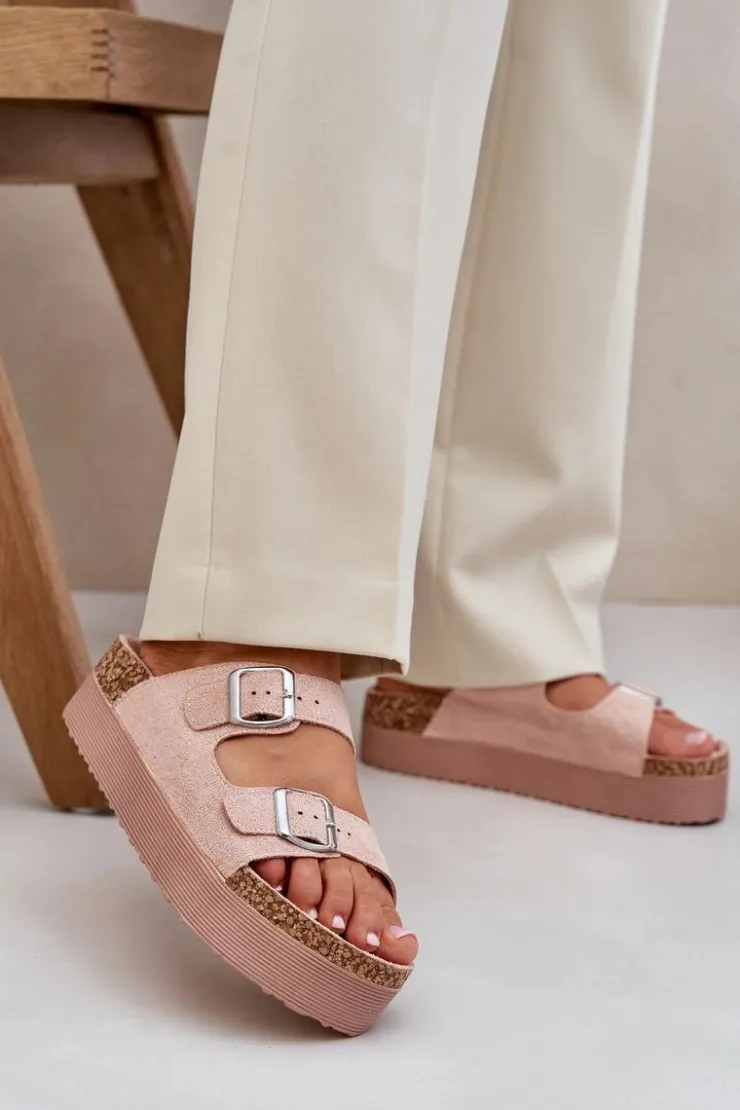 Damskie Boto Klapki Damskie Na Masywnej Platformie Z Klamrami Różowe Aramia