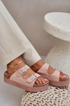 Damskie Boto Klapki Damskie Na Masywnej Platformie Z Klamrami Różowe Aramia