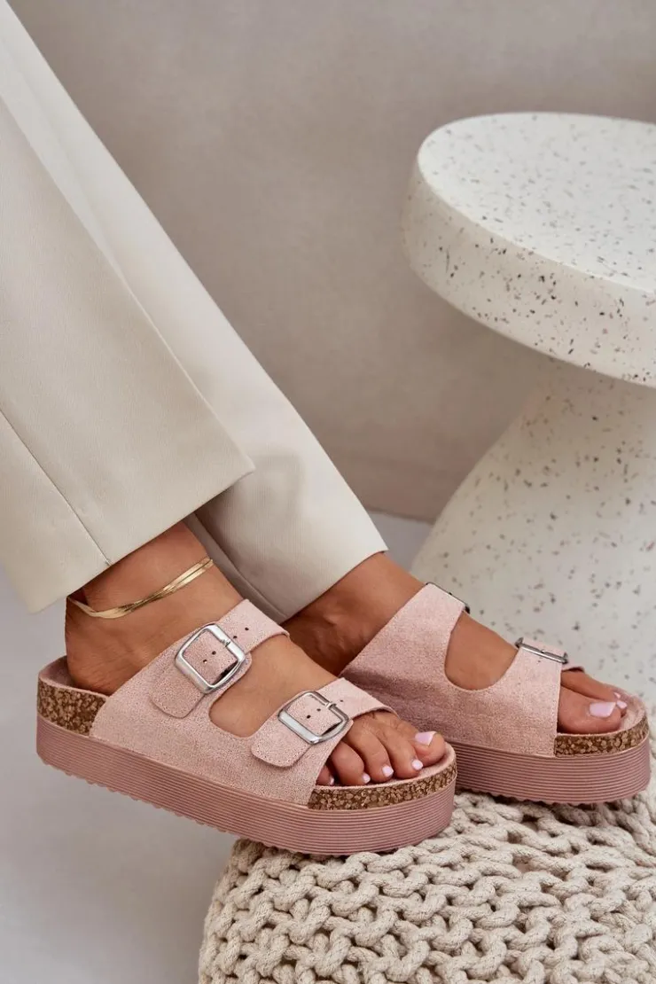 Damskie Boto Klapki Damskie Na Masywnej Platformie Z Klamrami Różowe Aramia