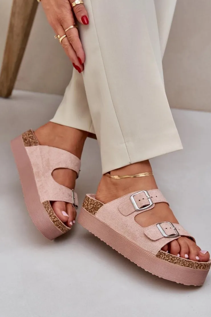 Damskie Boto Klapki Damskie Na Masywnej Platformie Z Klamrami Różowe Aramia