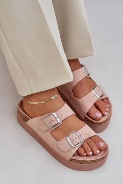 Damskie Boto Klapki Damskie Na Masywnej Platformie Z Klamrami Różowe Aramia