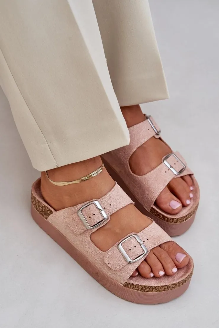 Damskie Boto Klapki Damskie Na Masywnej Platformie Z Klamrami Różowe Aramia