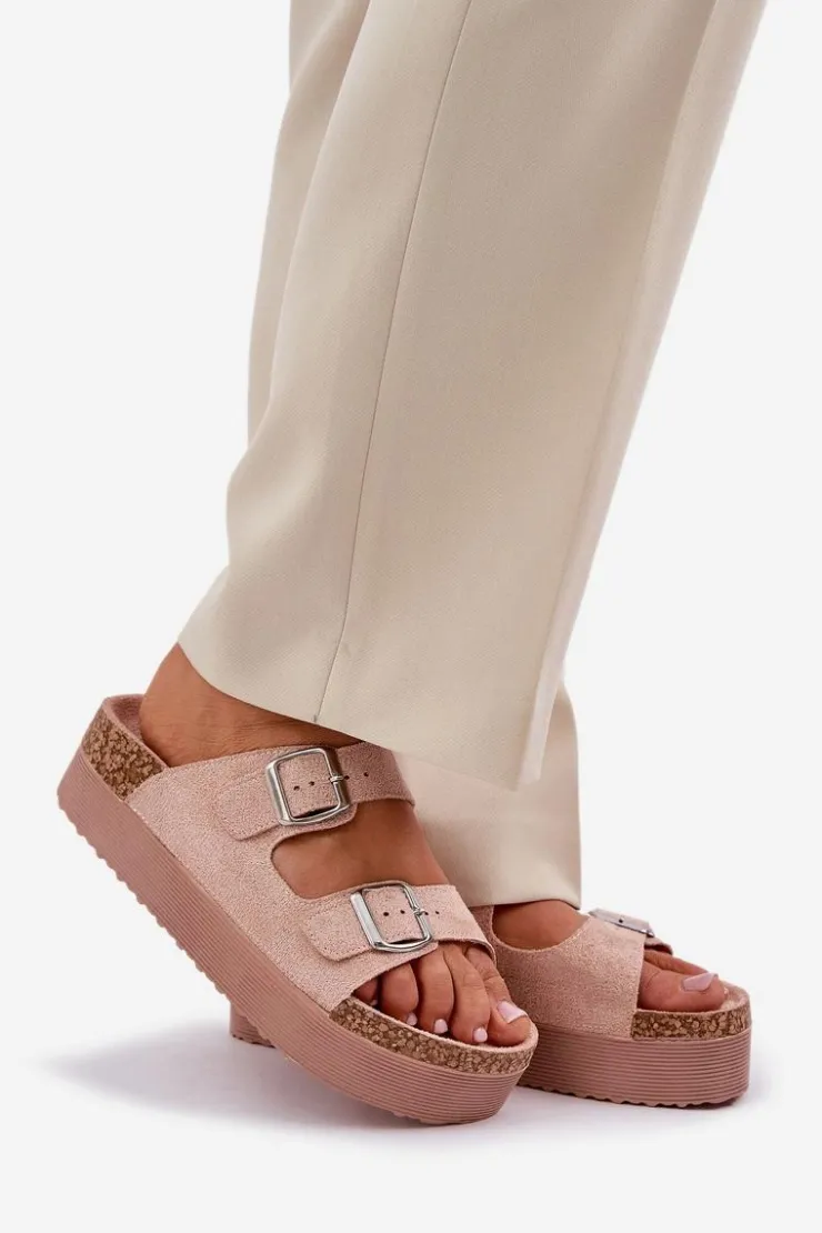 Damskie Boto Klapki Damskie Na Masywnej Platformie Z Klamrami Różowe Aramia