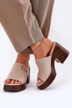 Buty damskie Vinceza Klapki Na Obcasie*Klapki Damskie Na Masywnym Obcasie Ze Złotym Detalem Vinceza 17400 Beżowe Beżowy