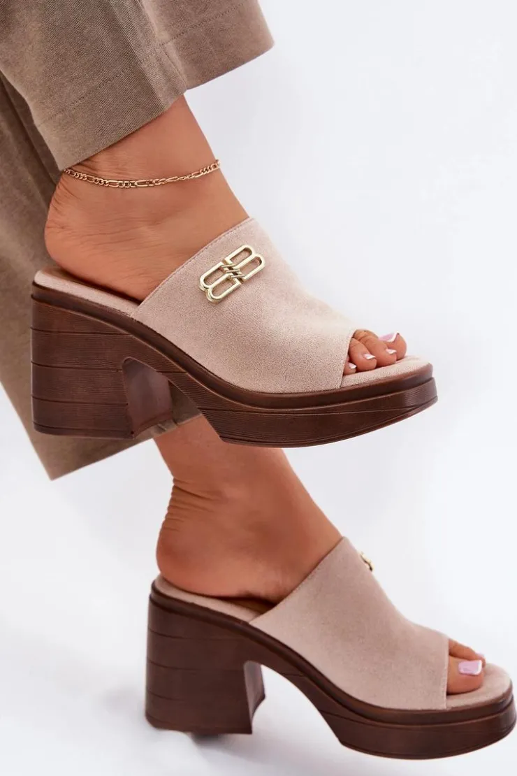 Buty damskie Vinceza Klapki Na Obcasie*Klapki Damskie Na Masywnym Obcasie Ze Złotym Detalem Vinceza 17400 Beżowe Beżowy