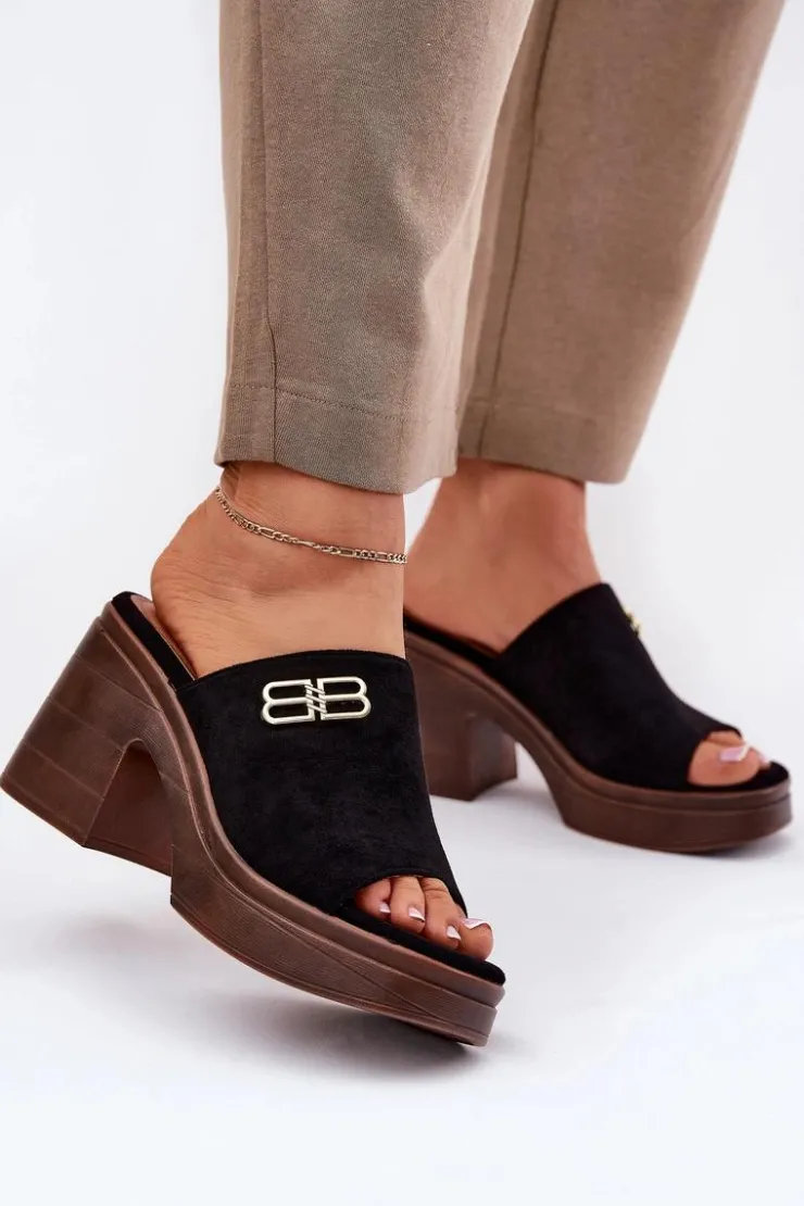 Damskie Buty damskie Vinceza Klapki Damskie Na Masywnym Obcasie Ze Złotym Detalem Vinceza 17400 Czarne