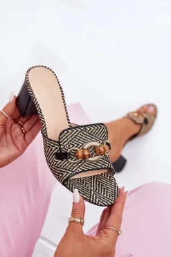 Damskie Boto Klapki Damskie Na Obcasie Z Ozdobą Czarne Ovittole