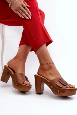 Hot Evento Klapki Damskie Na Obcasie Słupku Z Klamrą Brązowe Betinna