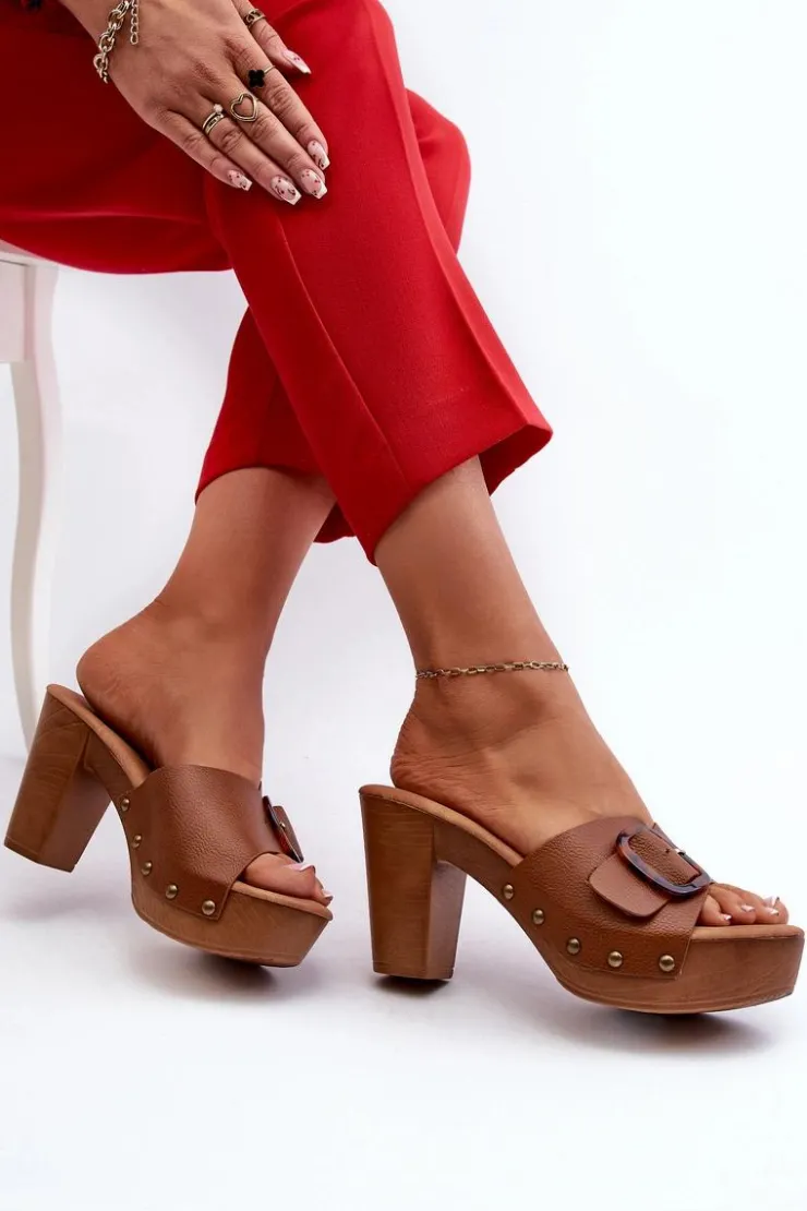 Hot Evento Klapki Damskie Na Obcasie Słupku Z Klamrą Brązowe Betinna