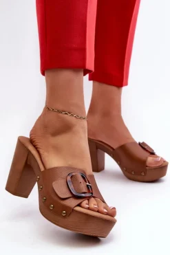 Hot Evento Klapki Damskie Na Obcasie Słupku Z Klamrą Brązowe Betinna